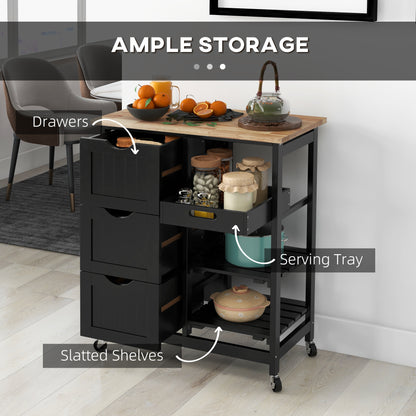 Kitchen Cart on Wheels, Rolling Kitchen Island Cart with Wood Top, 3 Drawers and Shelves for Home Dining Area, Black