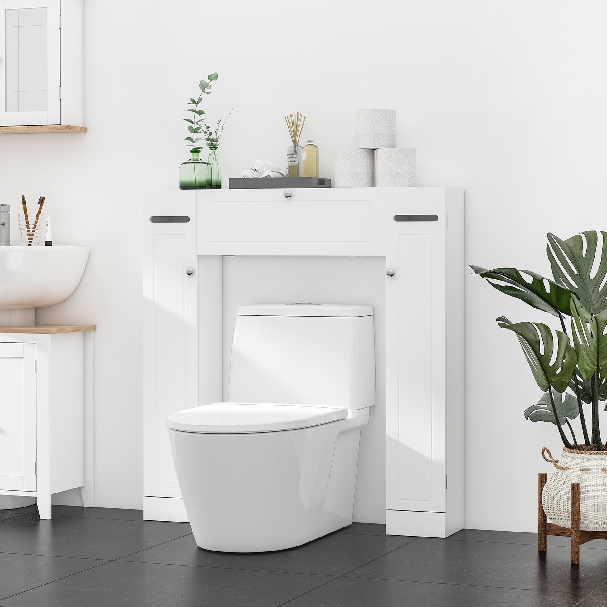 Over the Toilet Storage Cabinet, Freestanding Bathroom Organizers Cabinet with Flip Up Door and Adjustable Shelves for L