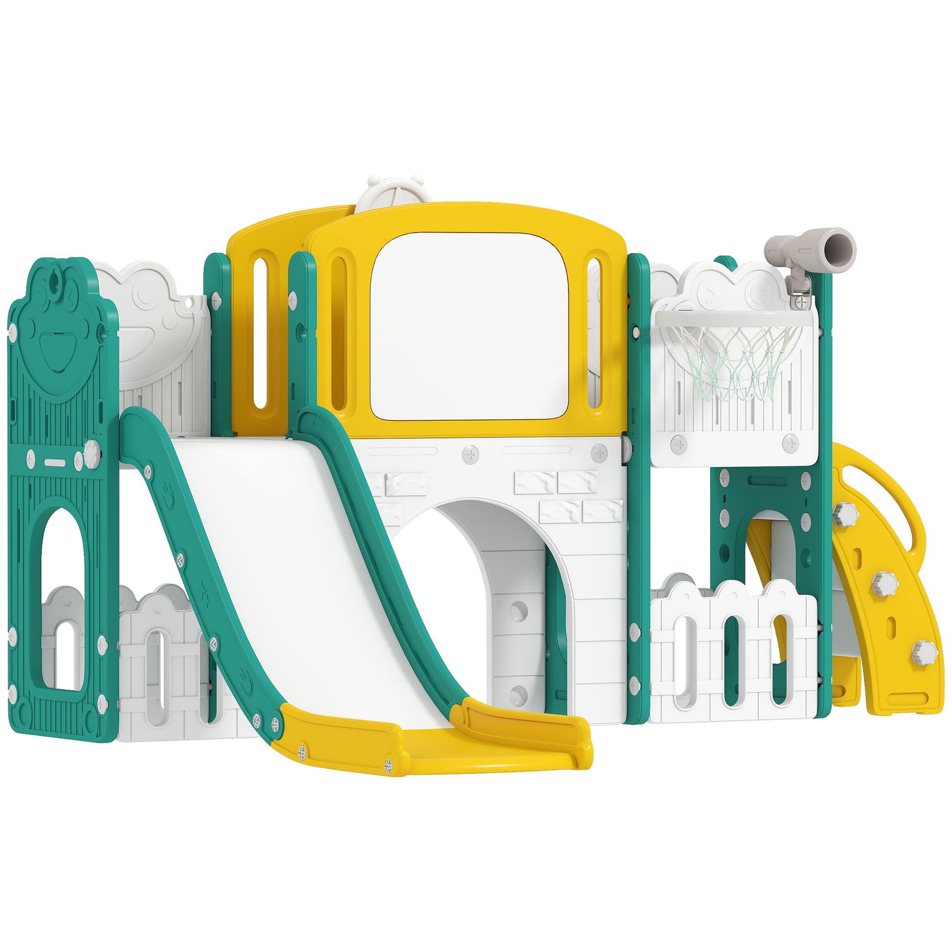 Qaba 7 in 1 Toddler Slide with Basketball Hoop, Climbing Frame, Telescope, Drawing Board, Storage Box for Ages 1-3, Yell