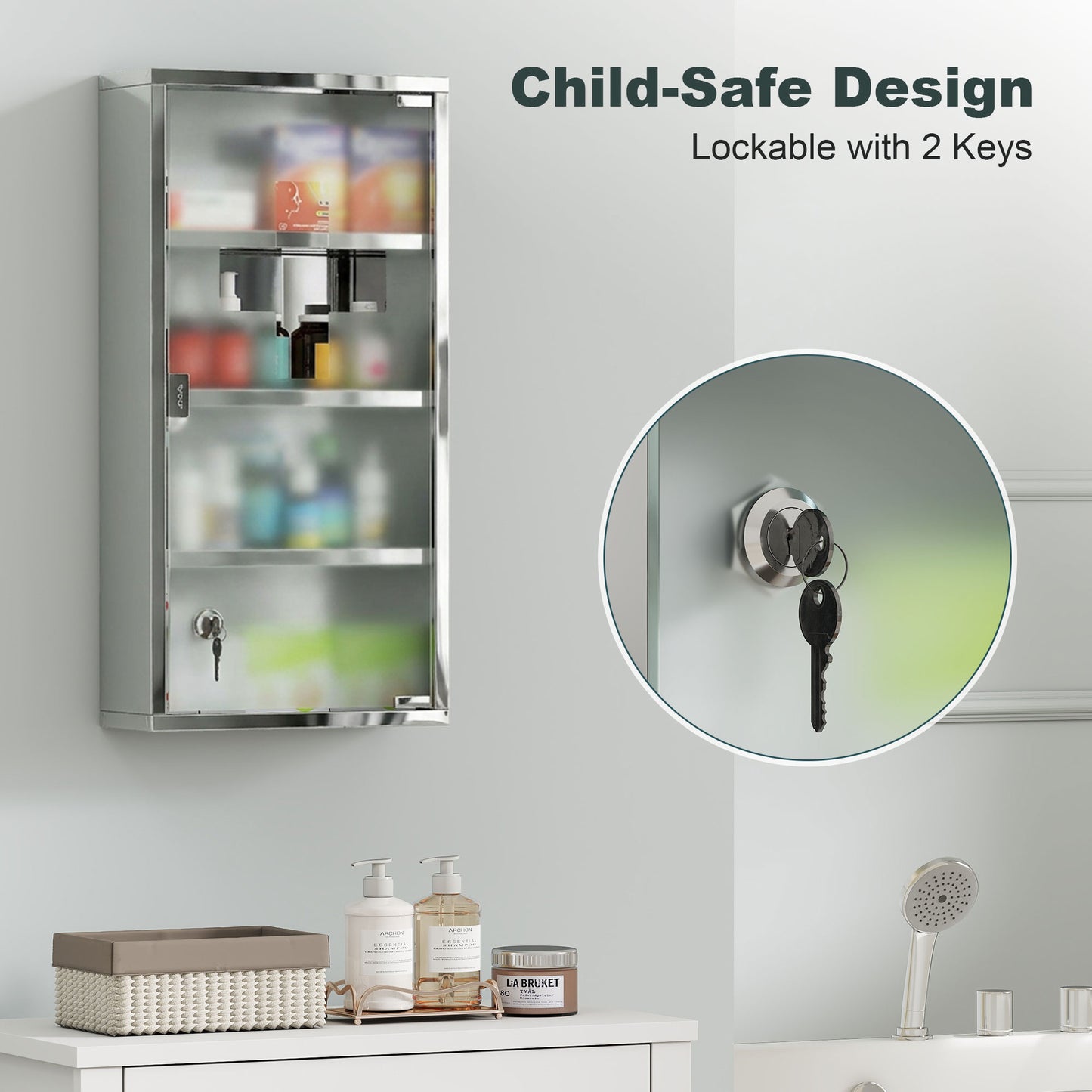 Wall Mount Medicine Cabinet, Bathroom Cabinet with 3 Tier Shelves, Stainless Steel Frame and Glass Door, Lockable with 2