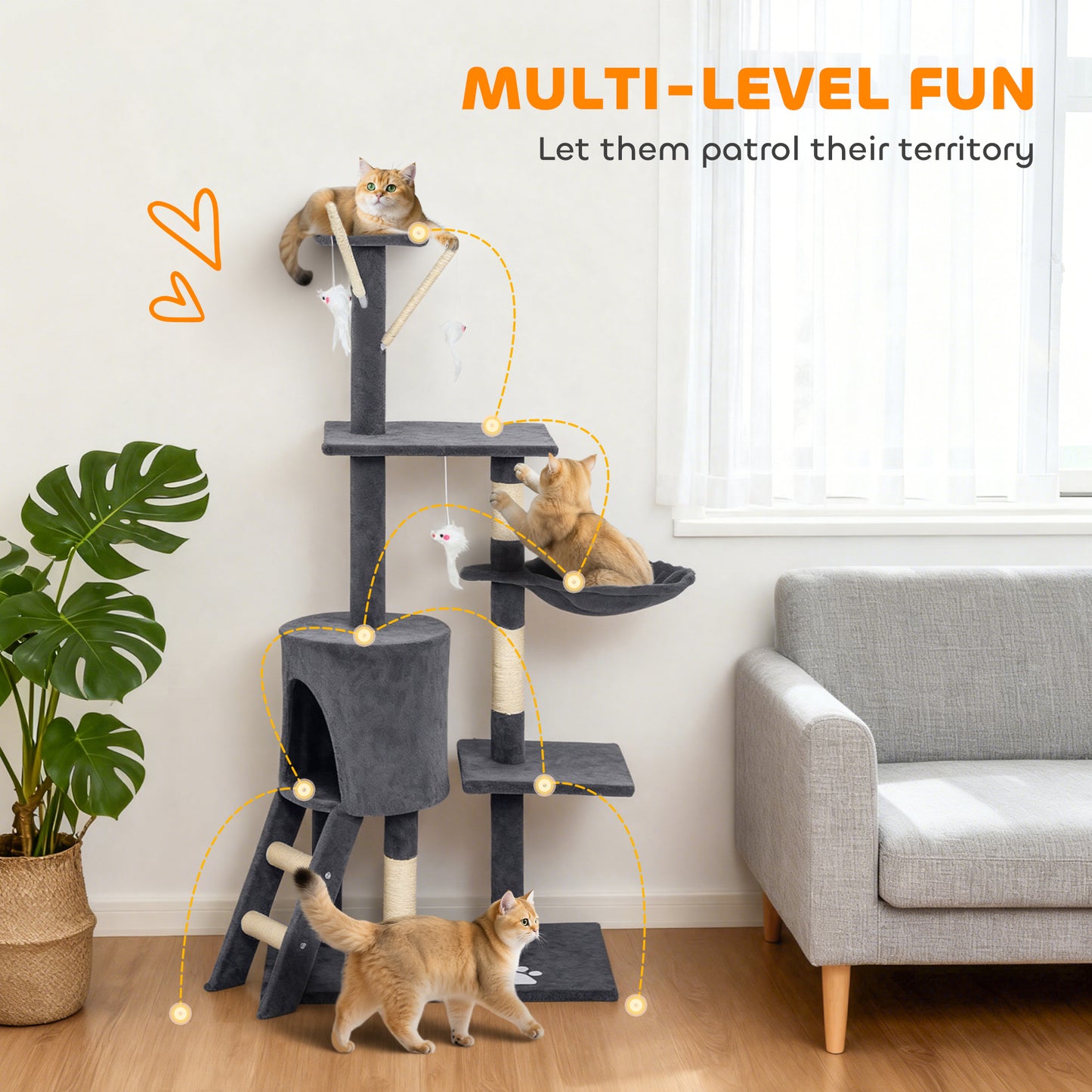 53" Cat Tree Tower, Kitten Activity Centre with Scratching Posts, Condo, Perches, Ladder, Hammock, Dangling Toys, Dark G