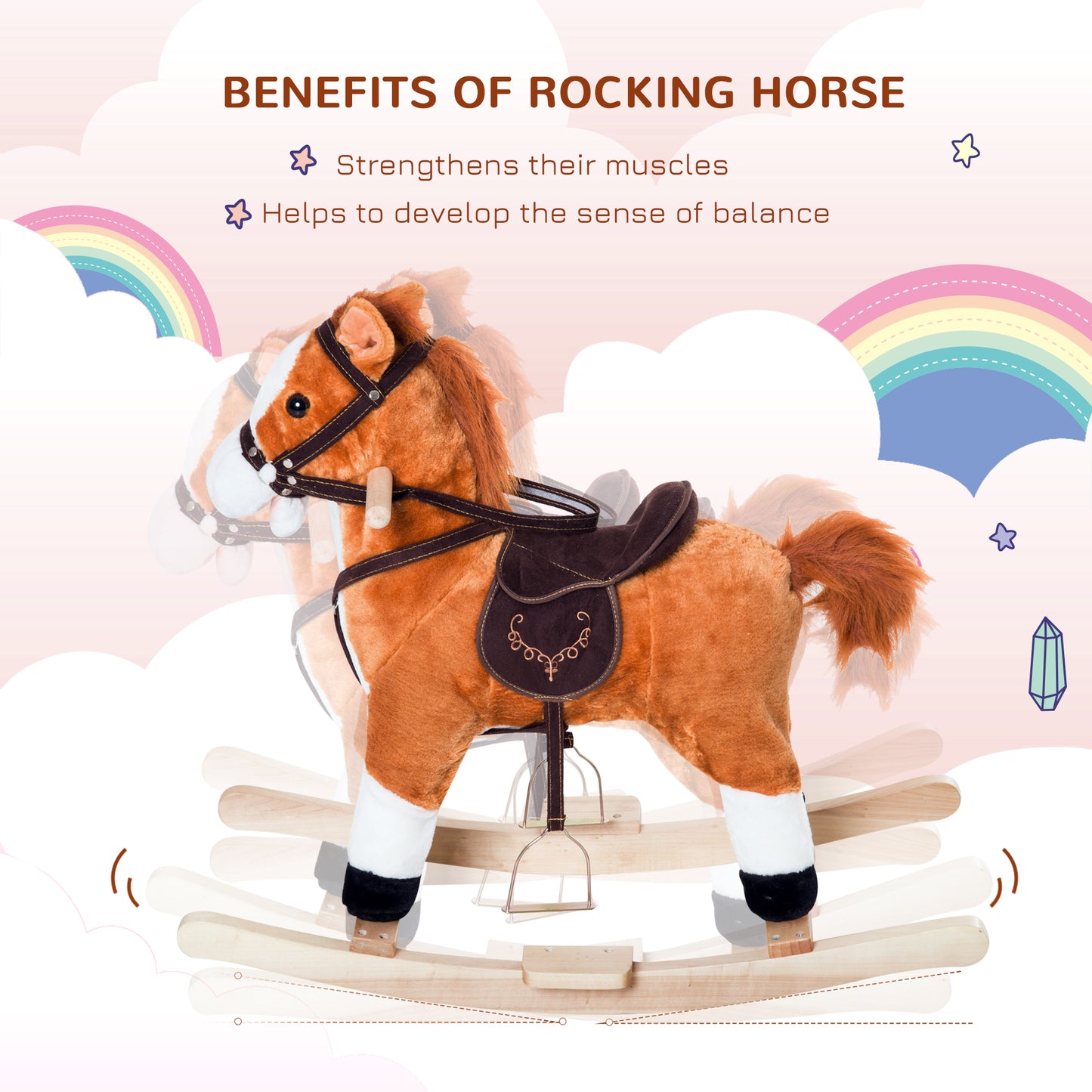 Qaba Kids Plush Rocking Horse Child Ride On Toy Rocker with Realistic Sounds Brown