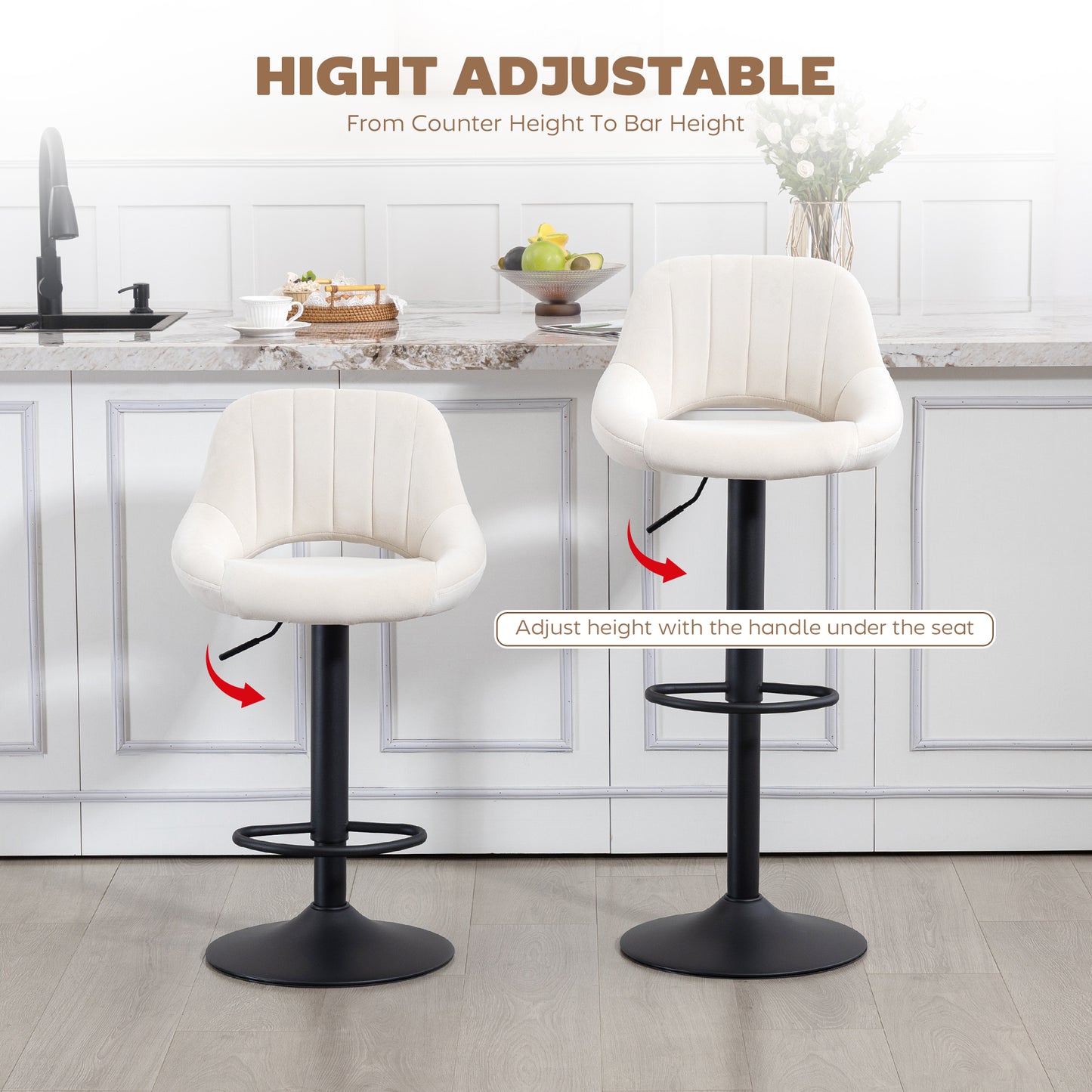 Bar Stools Set of 2, Swivel Counter Height Barstools with Adjustable Height and Cutout Back, Velvet Upholstered Bar Chai