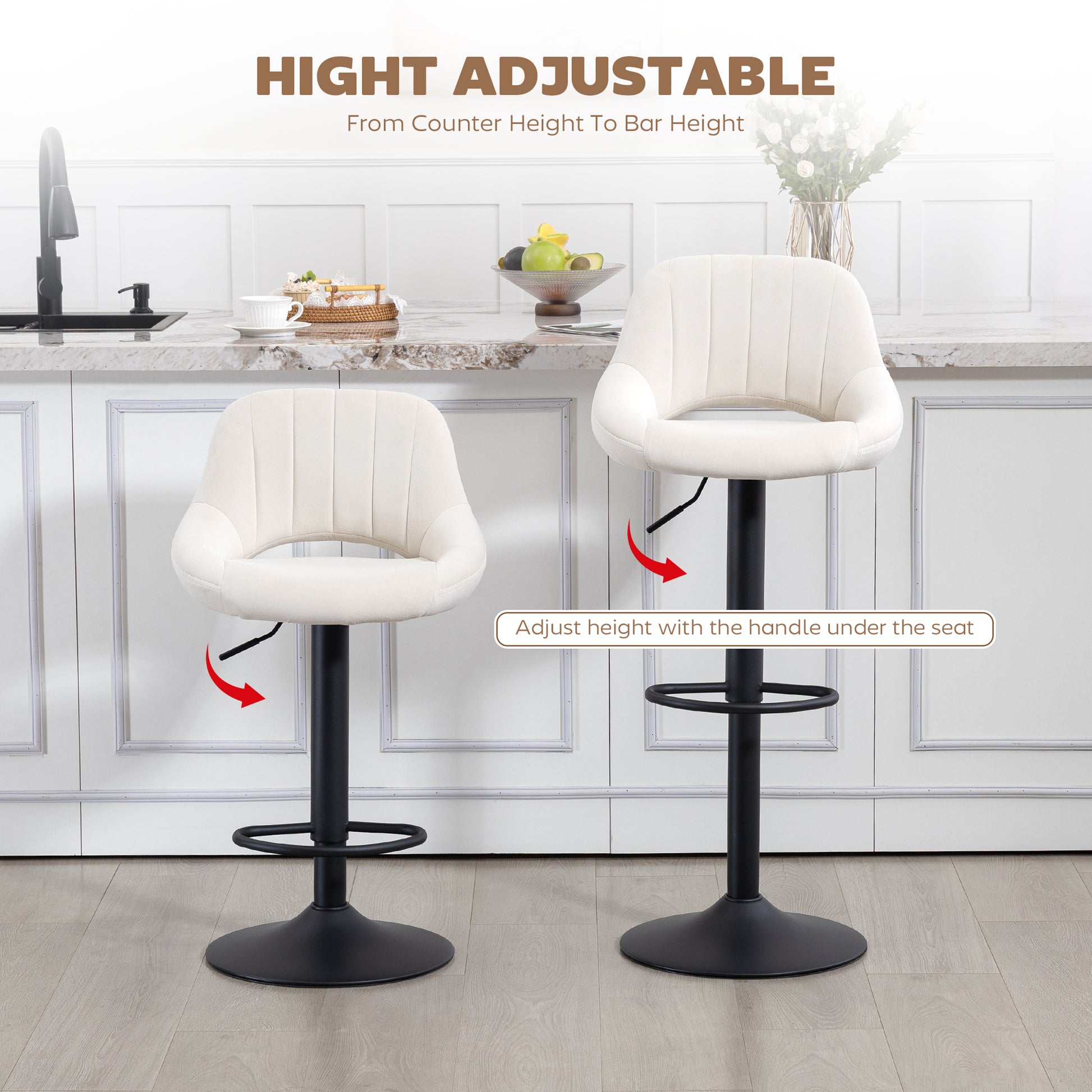 Bar Stools Set of 2, Swivel Counter Height Barstools with Adjustable Height and Cutout Back, Velvet Upholstered Bar Chai