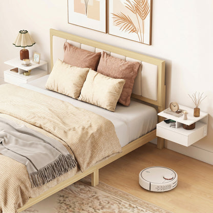 Floating Nightstand Set of 2, Wall Mounted Bedside Table with with Power Outlets, Drawer and Shelf, White