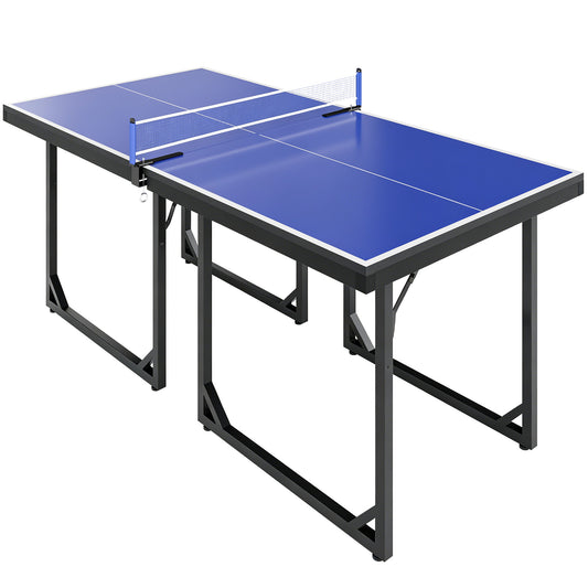 Soozier 6x3ft Compact Midsize Table Tennis Table Multi-Use Family Ping-pong Table Free Standing Folding Blue