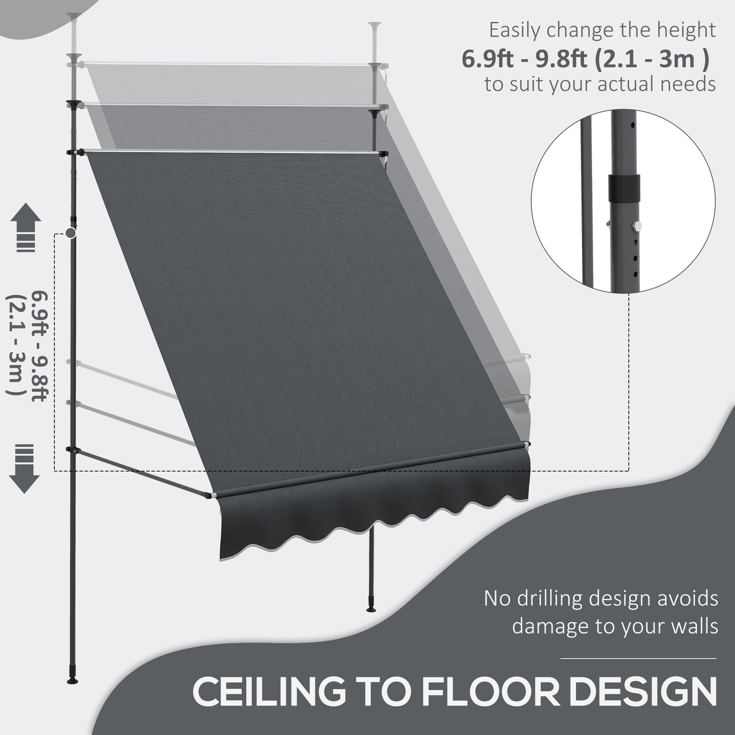 6.5' x 4' Manual Retractable Awning, Non-Screw Freestanding Patio Awning, UV Resistant, for Window or Door, Dark Grey