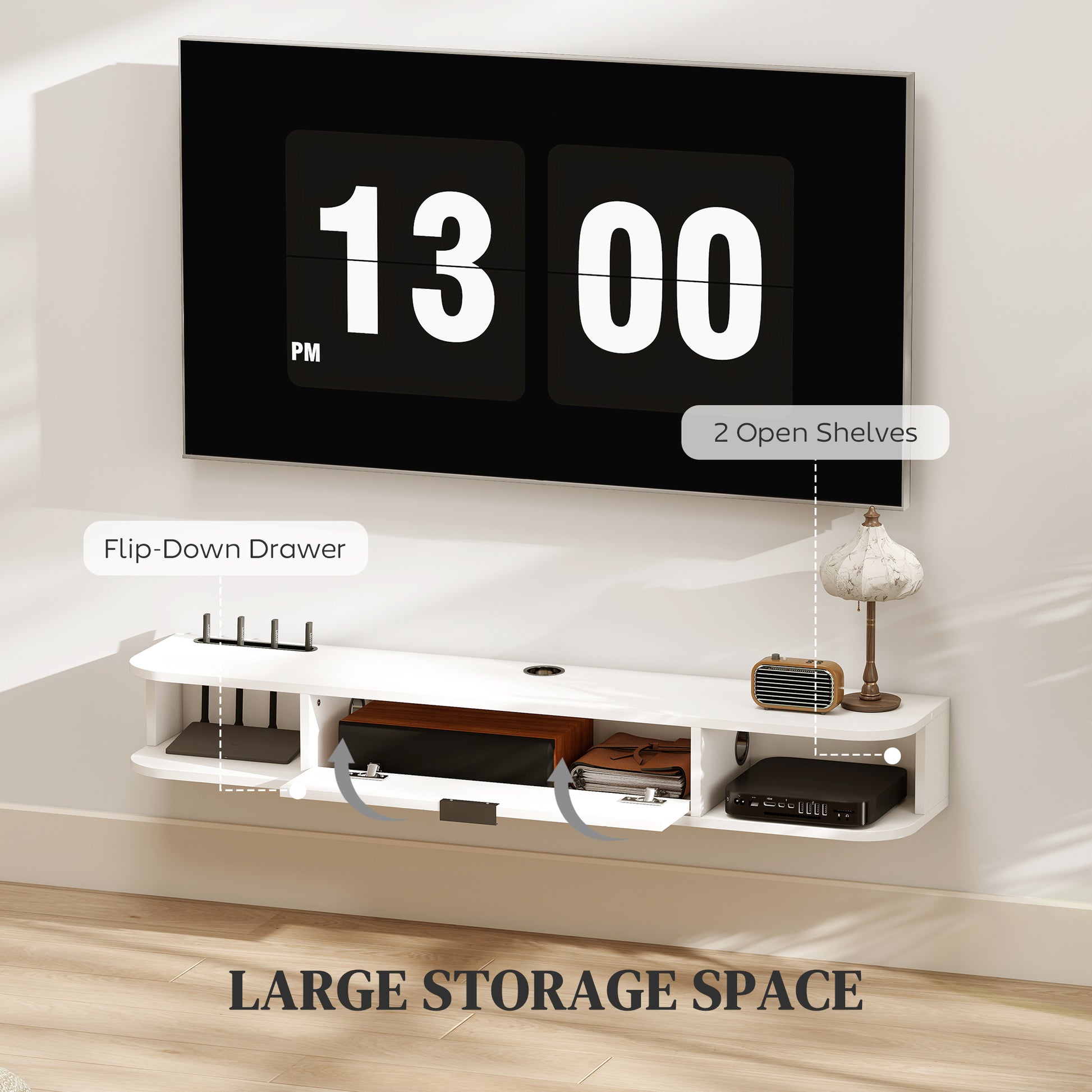 47" Floating TV Stand for TVs up to 50 Inch, Wall Mounted Media Console with Flip Drawer and 2 Open Shelves, White