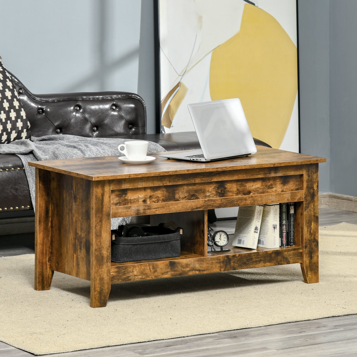 Lift Top Coffee Table with Hidden Storage Compartment and Open Shelves, Lift Tabletop Pop-Up Center Table for Living Roo