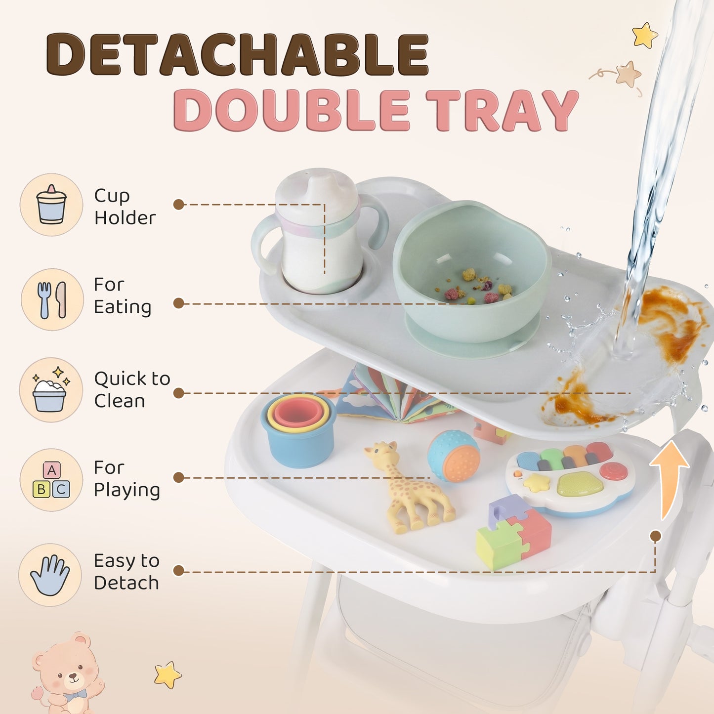 Qaba High Chair with Wheels, Double Tray, Foldable Baby Seat with Adjustable Seat Height, Backrest, Footrest and Tray, G