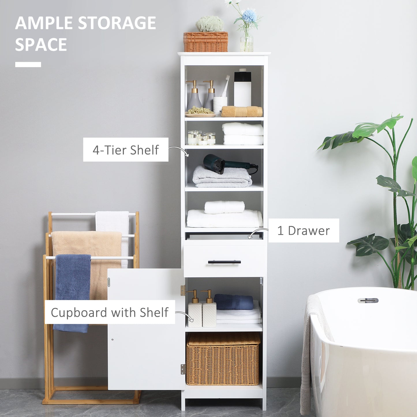 Tall Bathroom Storage Cabinet, Free Standing Bathroom Cabinet Slim Side Organizer w/ 3-Tier Open Shelf, Door, and Drawer