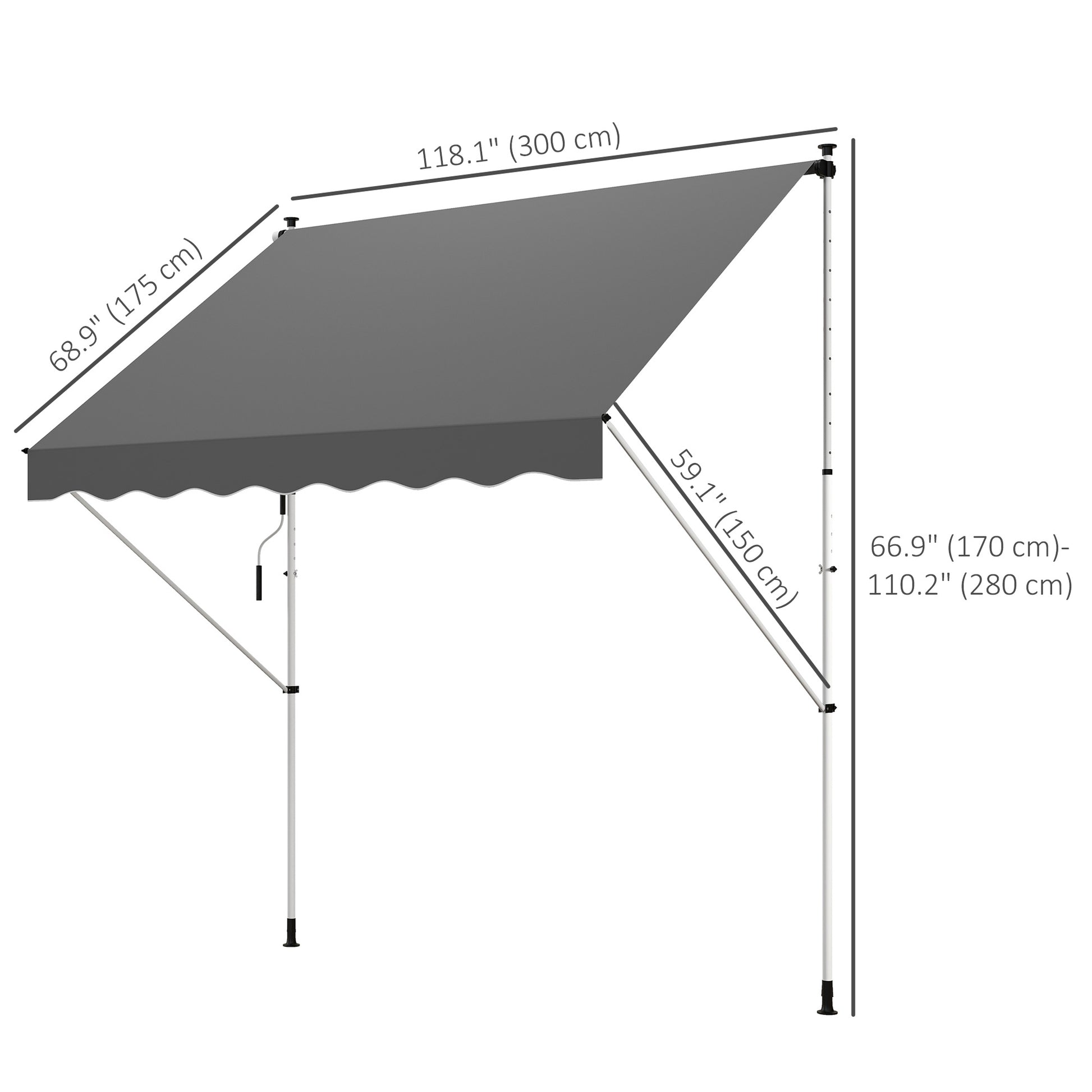 10x5ft Manual Retractable Awning, Patio Sun Shade Canopy Shelter with 5.6-9.2ft Support Pole, Water Resistant UV Protect