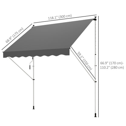 10x5ft Manual Retractable Awning, Patio Sun Shade Canopy Shelter with 5.6-9.2ft Support Pole, Water Resistant UV Protect