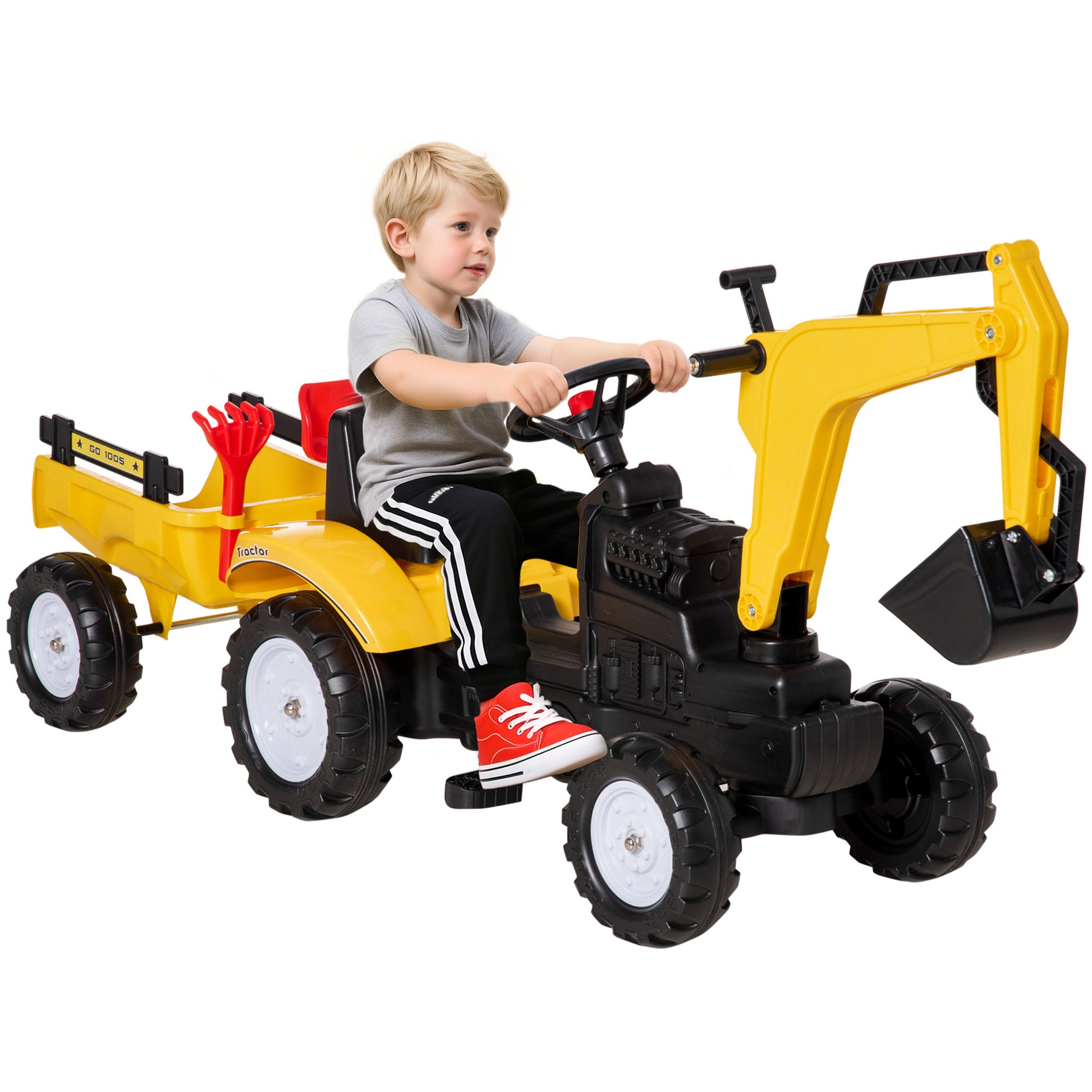 VarietyKart Ride on Tractor for Kids, Pedal Construction Car with Horn & Detachable Trailer for 3 Years Old, Yellow