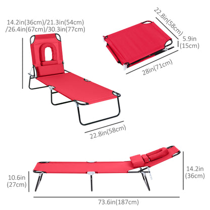Folding Chaise Lounge Chair, Reclining Beach Tanning Chair with Face Hole, Pillow, 4-Position Adjustable Lay Flat Sun Lo