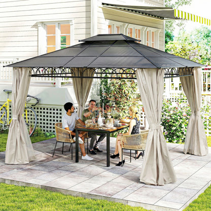 10' x 12' Outdoor Gazebo Canopy, Double Roof Hardtop Gazebo with Polycarbonate Roof, Steel Frame, Nettings and Curtains