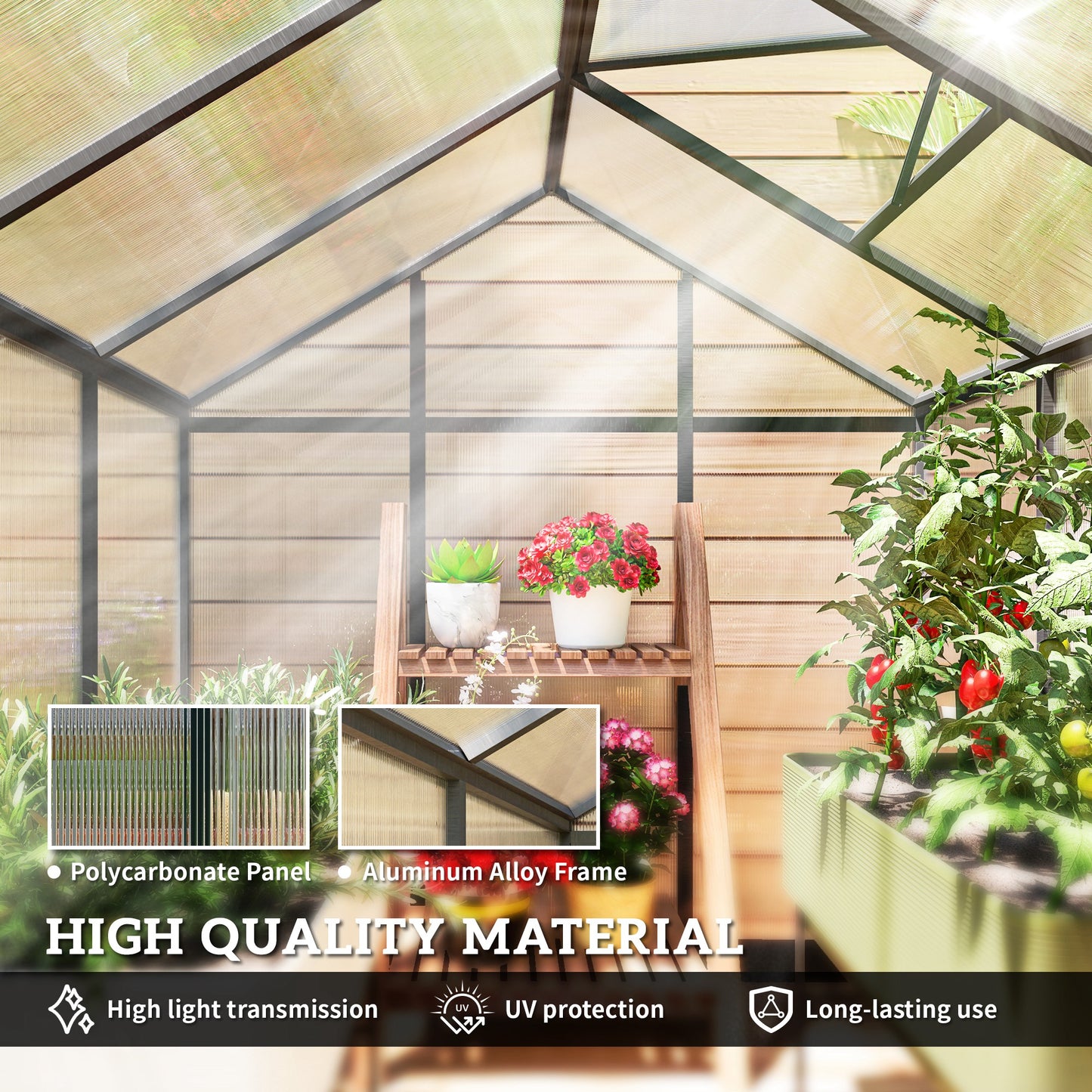 6' x 8' x 6.4' Polycarbonate Greenhouse, Aluminum Walk-In Green House Kit Garden, Plants Grow with Rain Gutter and Roof 