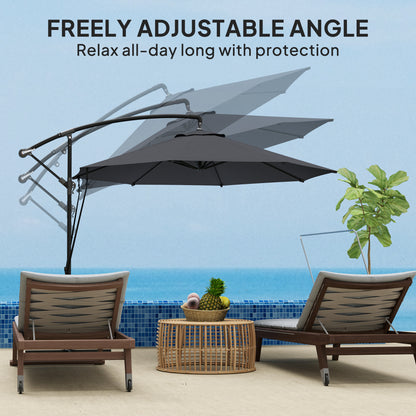 9.5' Cantilever Umbrella with Wind Protection Strap and Cover, Hanging Umbrella with Crank and Cross Base, UPF 50+, Grey