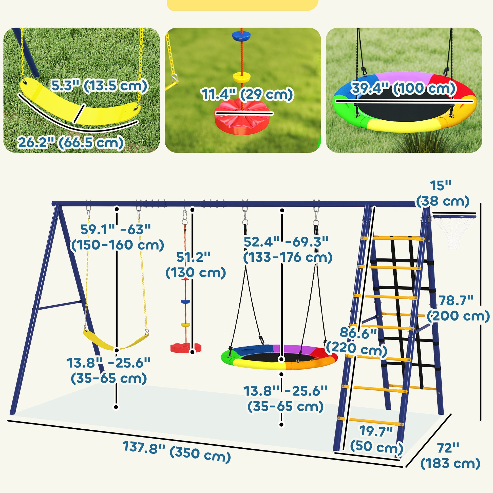 Qaba 6 in 1 Kids Swing Set with 1 Saucer Swing, 1 Belt Swing, 1 Disc Rope Swing, Climbing Ladder and Net, Basketball Hoo