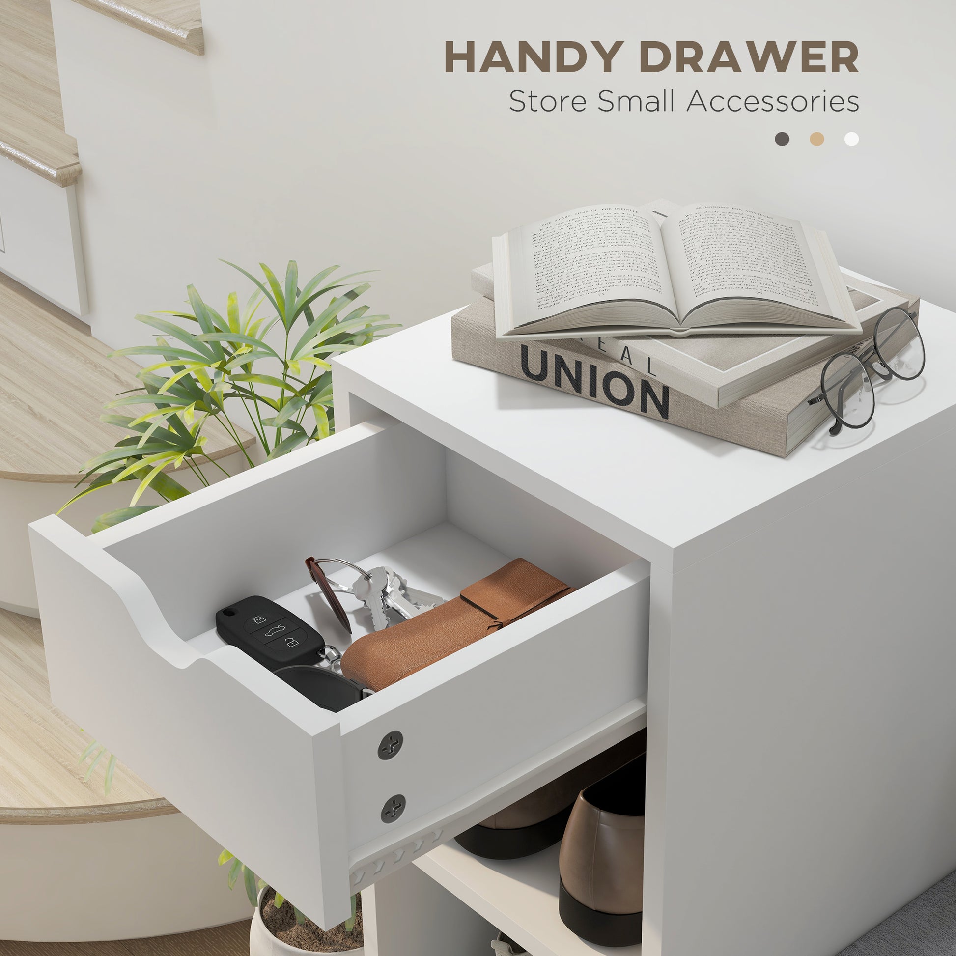 Upholstered Shoe Storage Bench w/ Seat, Entrance Bench w/ Drawer and 6 Open Shelves for Hallway, White