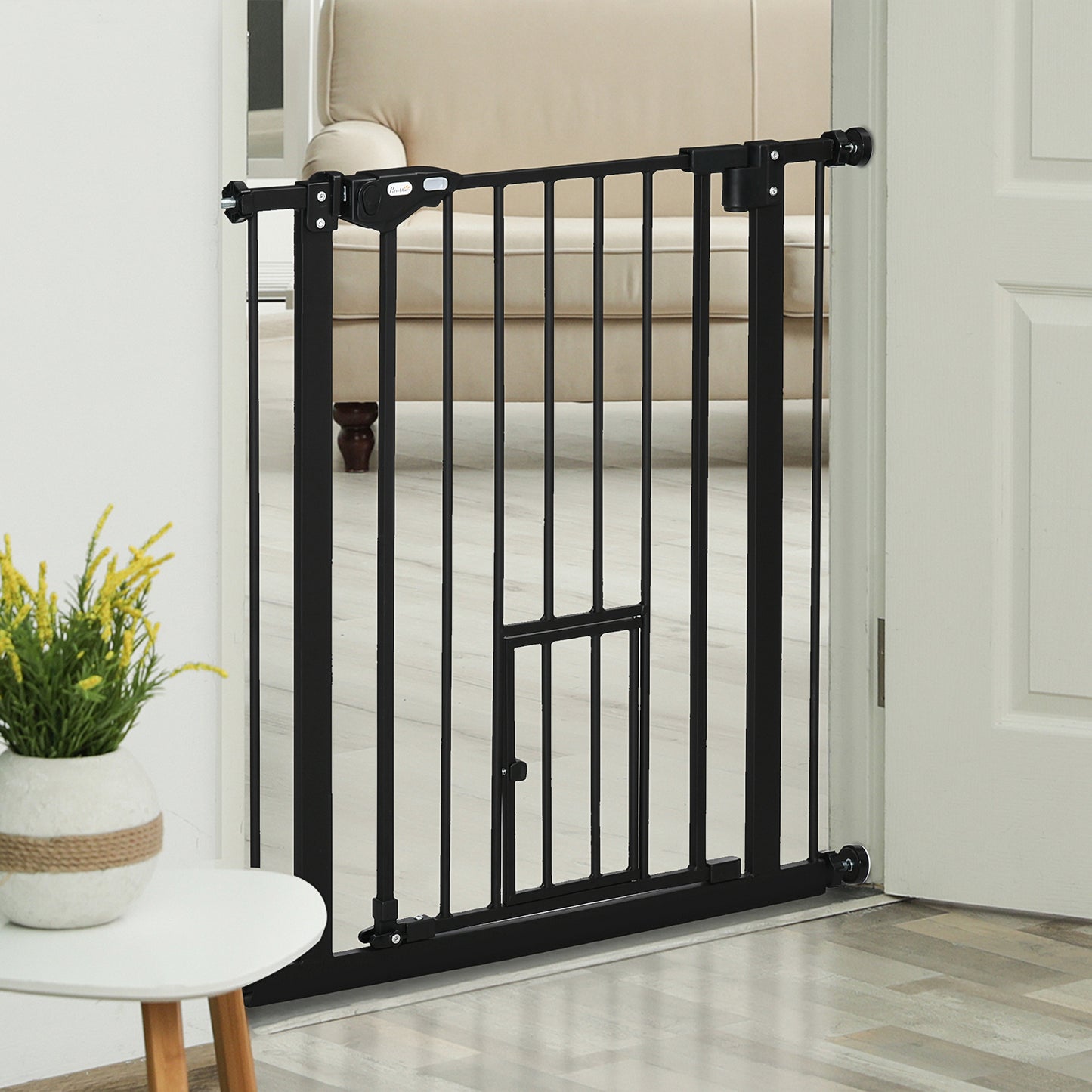 Retractable Gate Extra Wide Press-Mounted with Cat Door, Auto Closing Pet Gate for Stair, Hallway, 29-32 Inch