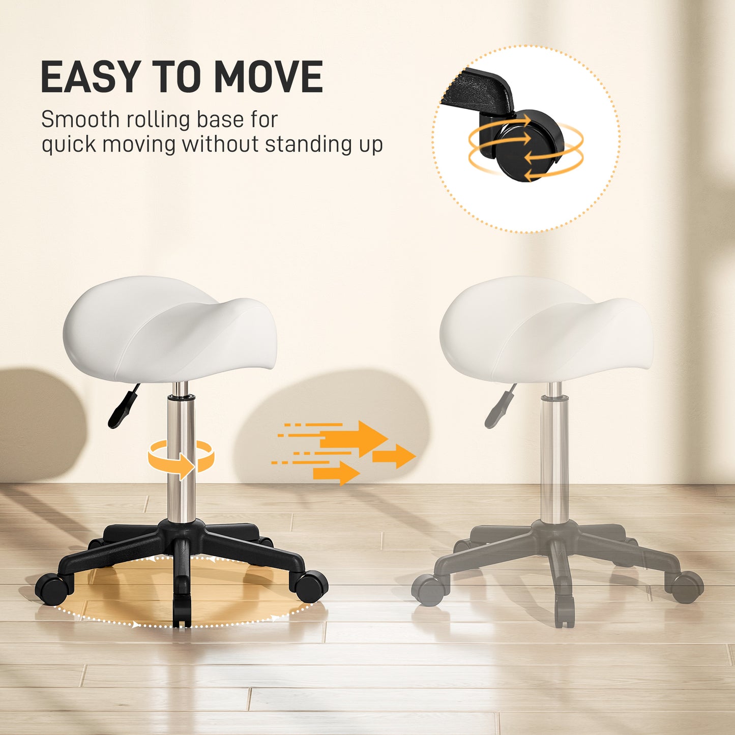 Saddle Stool, Adjustable Rolling Stool, White