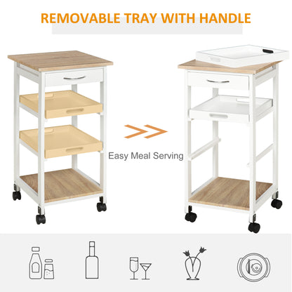 Bar Cart, 4-Tier Kitchen Cart with Removable Serving Tray, Kitchen Shelves on Wheels with Drawer for Dining Room, Living