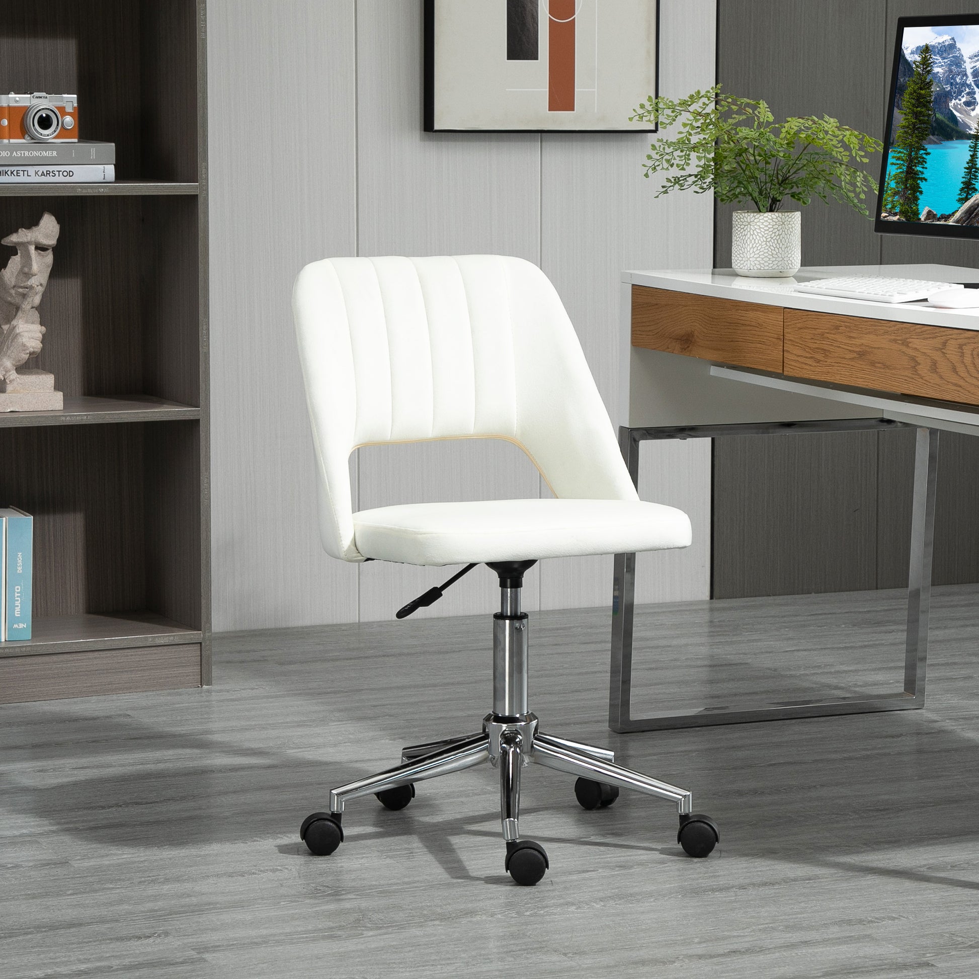 Mid Back Office Chair Velvet Fabric Swivel Scallop Shape Computer Desk Chair, Cream White