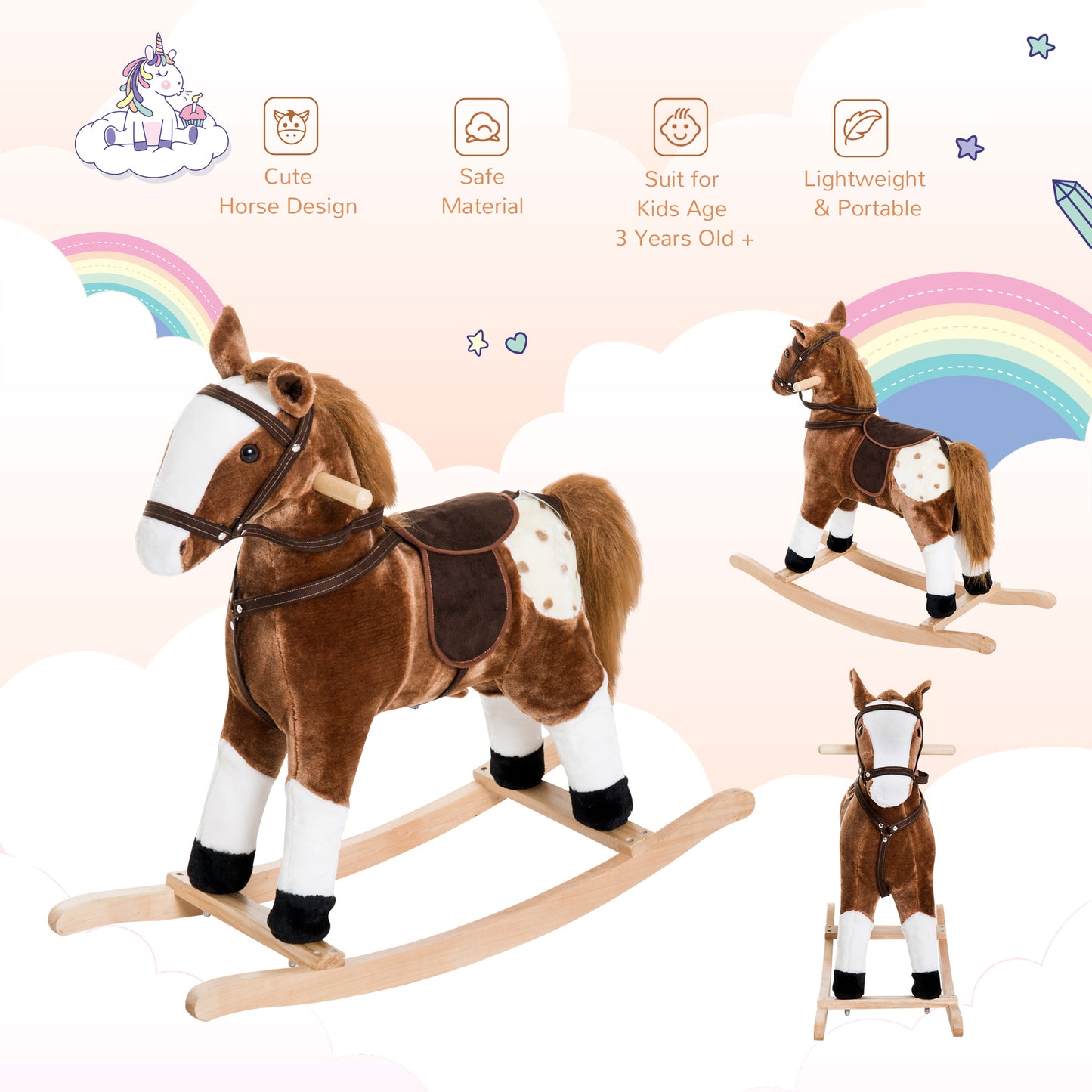Qaba Baby Rocking Horse, Children Plush Animal Rocker, Kid Ride on Toy with Realistic Sound,  Handle Grip, Brown
