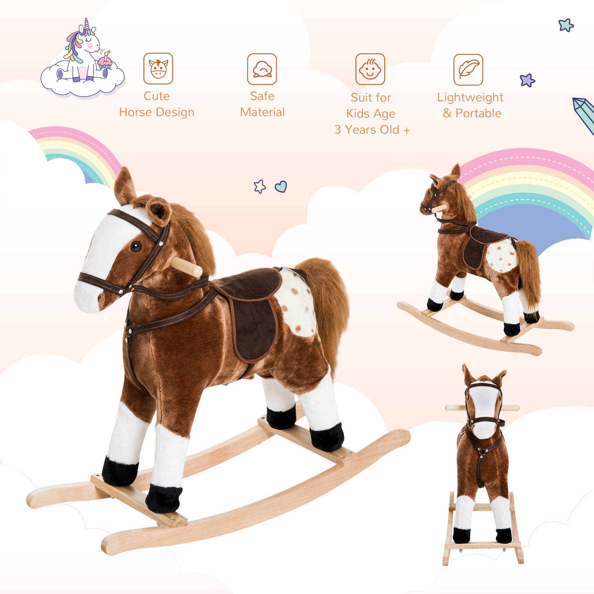 Qaba Baby Rocking Horse, Children Plush Animal Rocker, Kid Ride on Toy with Realistic Sound,  Handle Grip, Brown