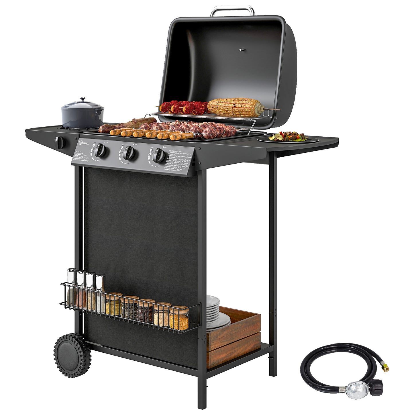 3+1 Burner Propane Gas BBQ Grill, Portable Gas Barbecue Grill with Side Burner, Thermometer, Lid, Side Table, Shelf, Spi