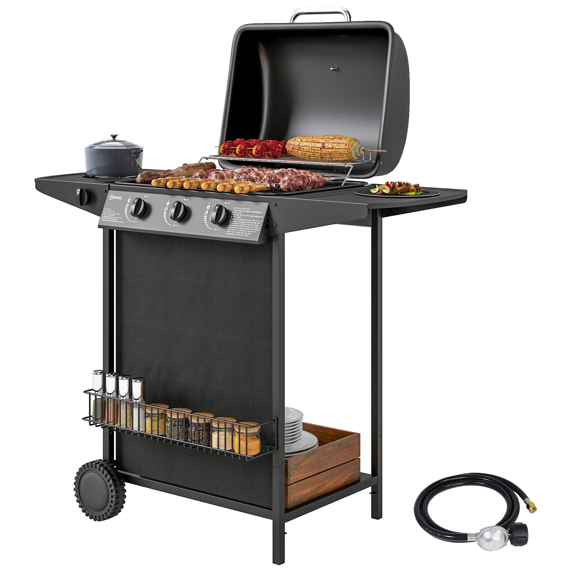 3+1 Burner Propane Gas BBQ Grill, Portable Gas Barbecue Grill with Side Burner, Thermometer, Lid, Side Table, Shelf, Spi