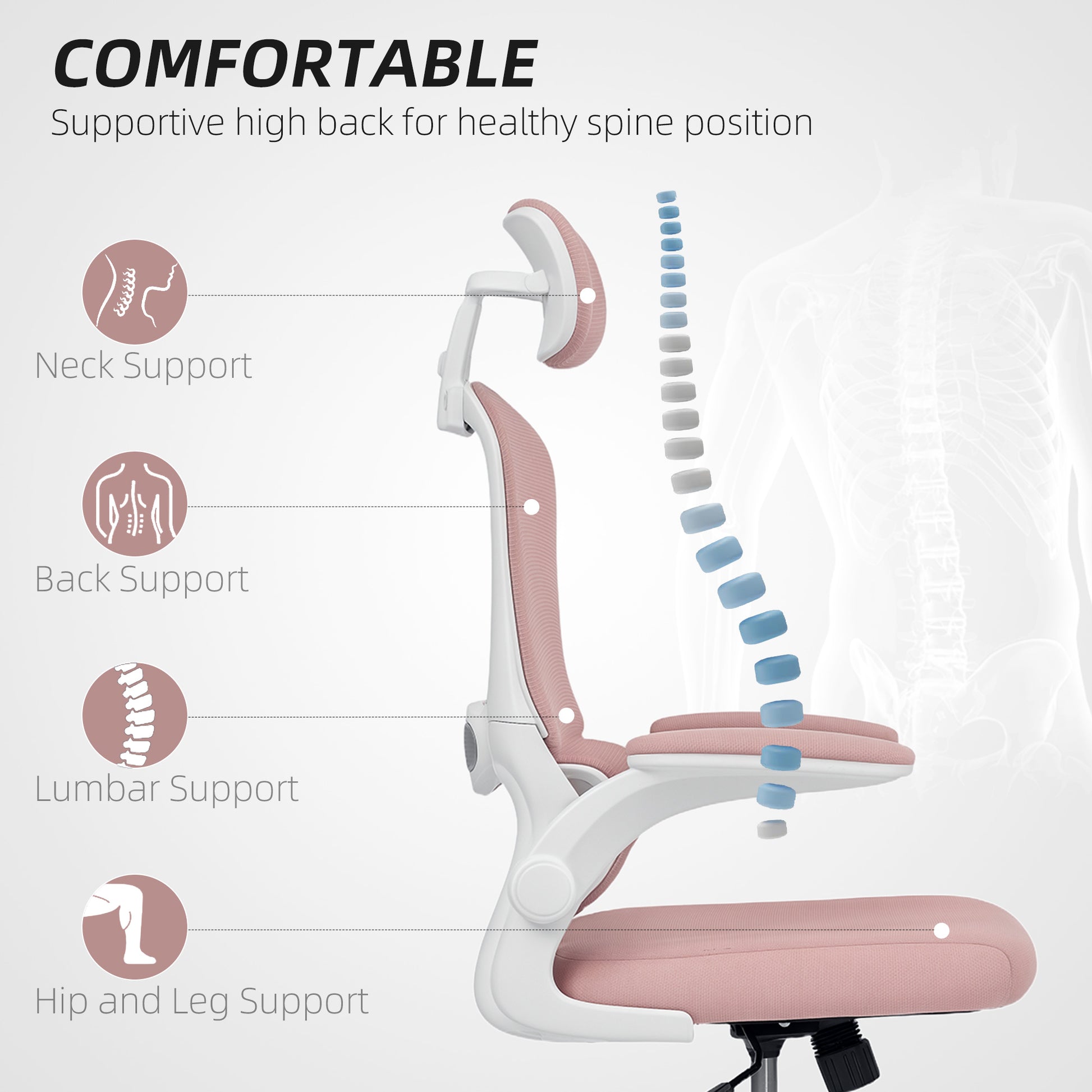 Ergonomic Mesh Office Chair, High Back Desk Chair with Rotatable Headrest, Flip-Up Armrests, Lumbar Support, Pink
