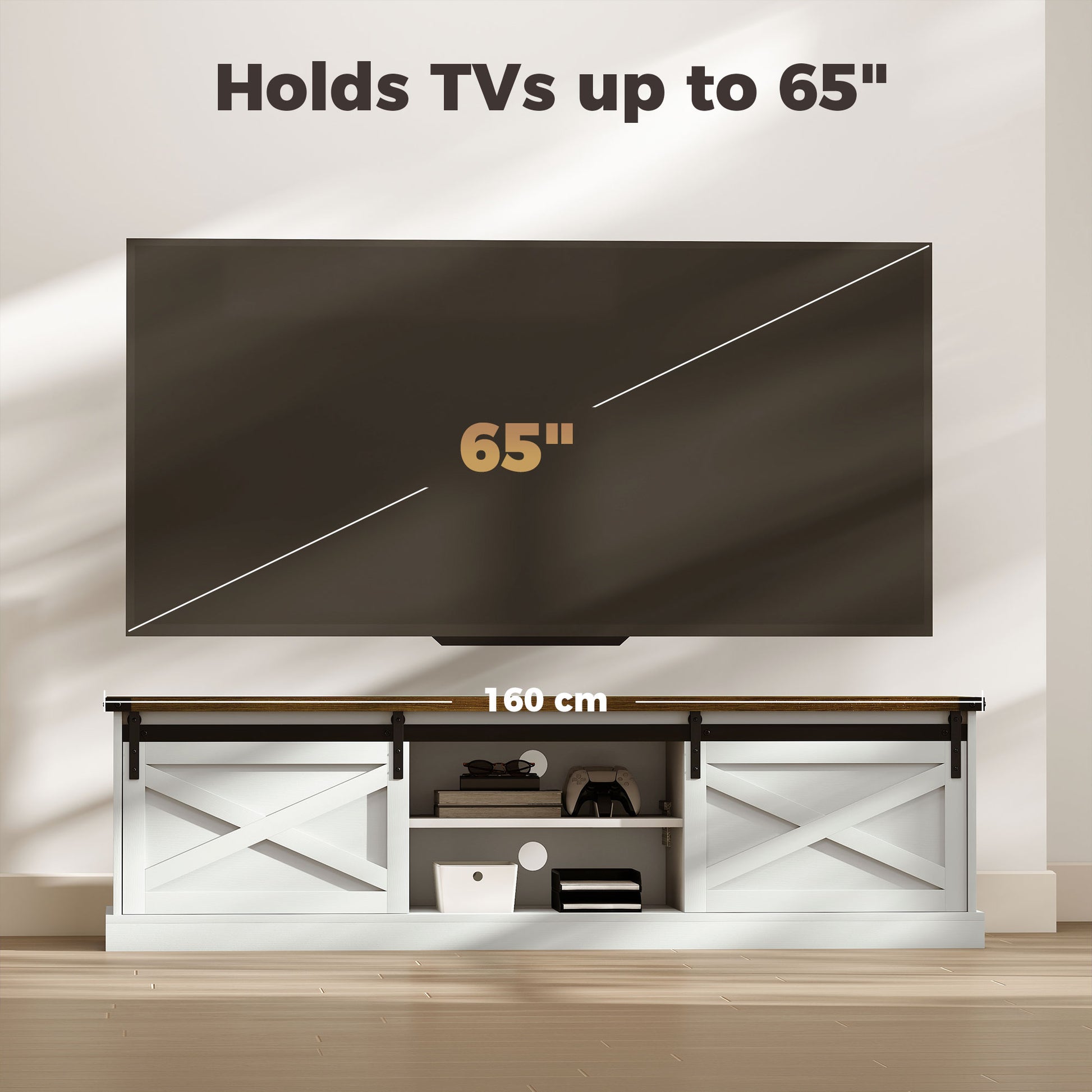 TV Stand for TVs up to 65 Inch, Entertainment Center with Shelves, Cabinets, Sliding Barn Doors, Thick Top, White