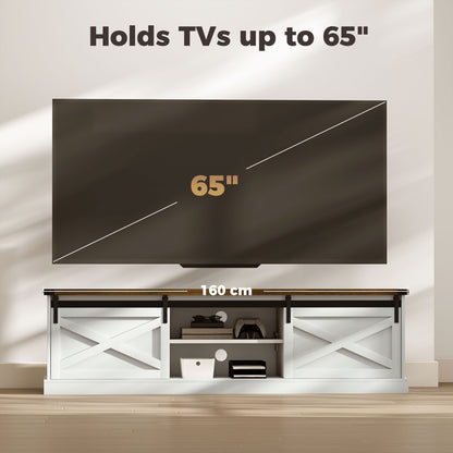 TV Stand for TVs up to 65 Inch, Entertainment Center with Shelves, Cabinets, Sliding Barn Doors, Thick Top, White