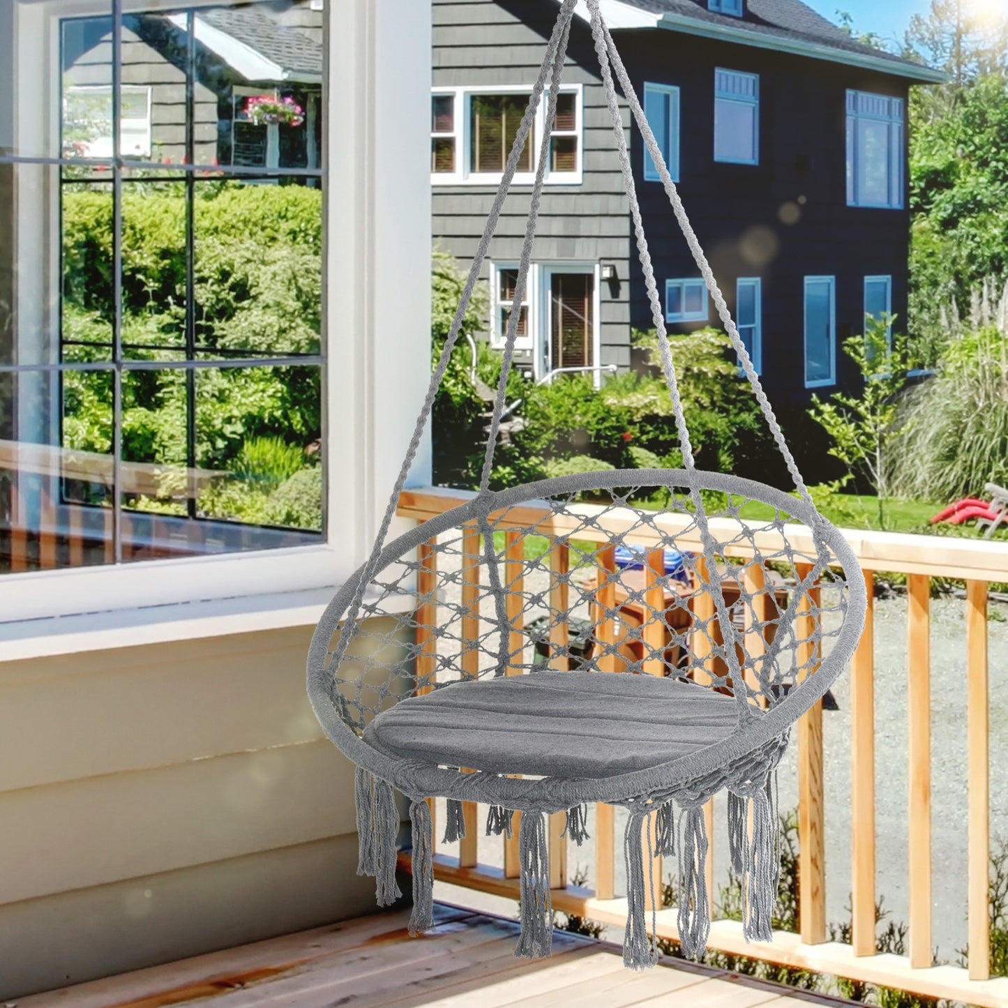 Patio Hammock Chair, Hanging Rope Hammock Swing for Indoor & Outdoor Use with Backrest, Cotton-Polyester Blend, Fringe T