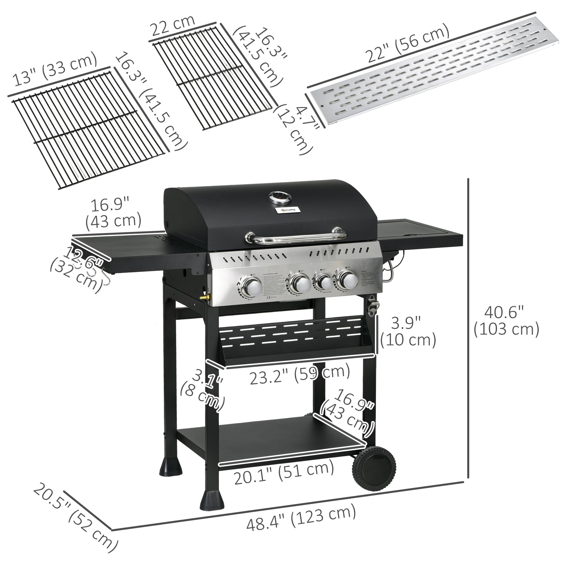 38,000 BTU Propane Gas Grill BBQ Cart with 3 Main Burners, 1 Side Burner, with Warming Rack, Side Prep Tables, Black