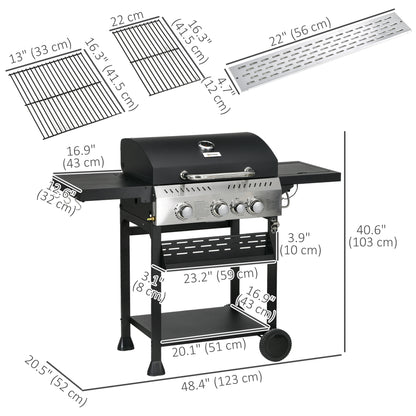 38,000 BTU Propane Gas Grill BBQ Cart with 3 Main Burners, 1 Side Burner, with Warming Rack, Side Prep Tables, Black