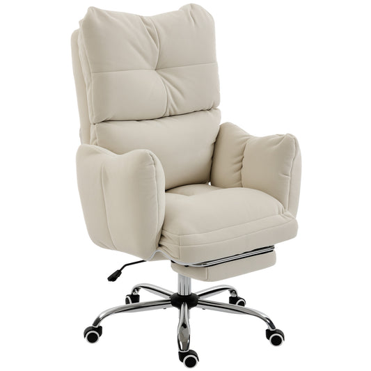 Office Chair with Foot Rest, Ergonomic Reclining Computer Gaming Chair with Snow Flannel Fabric, Thick Cushion, Cream
