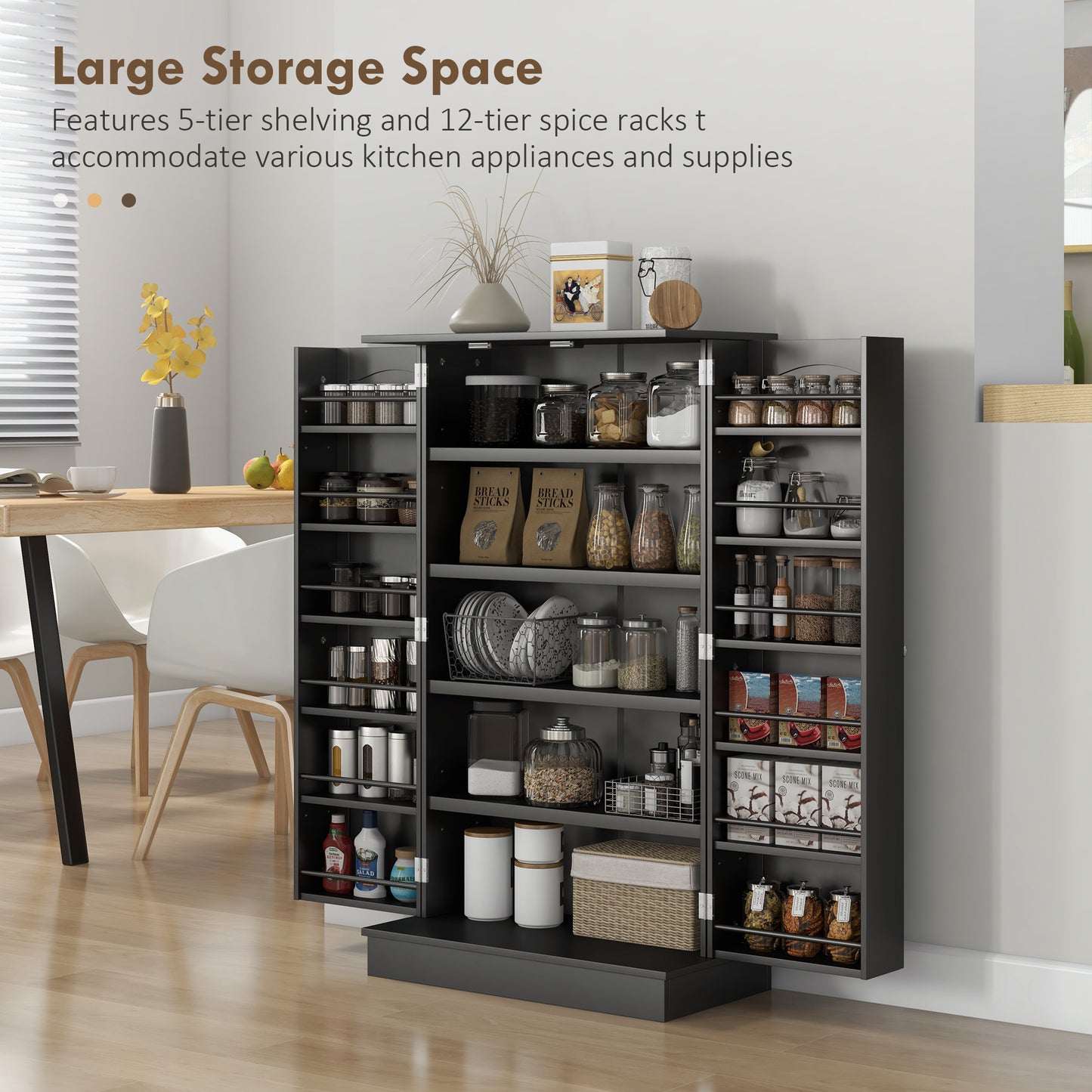 41" Kitchen Pantry Cabinet with 5-tier Shelving, 12 Spice Racks, Anti-Tipping, 2-Door Storage Cabinet with 3-Level Adjus