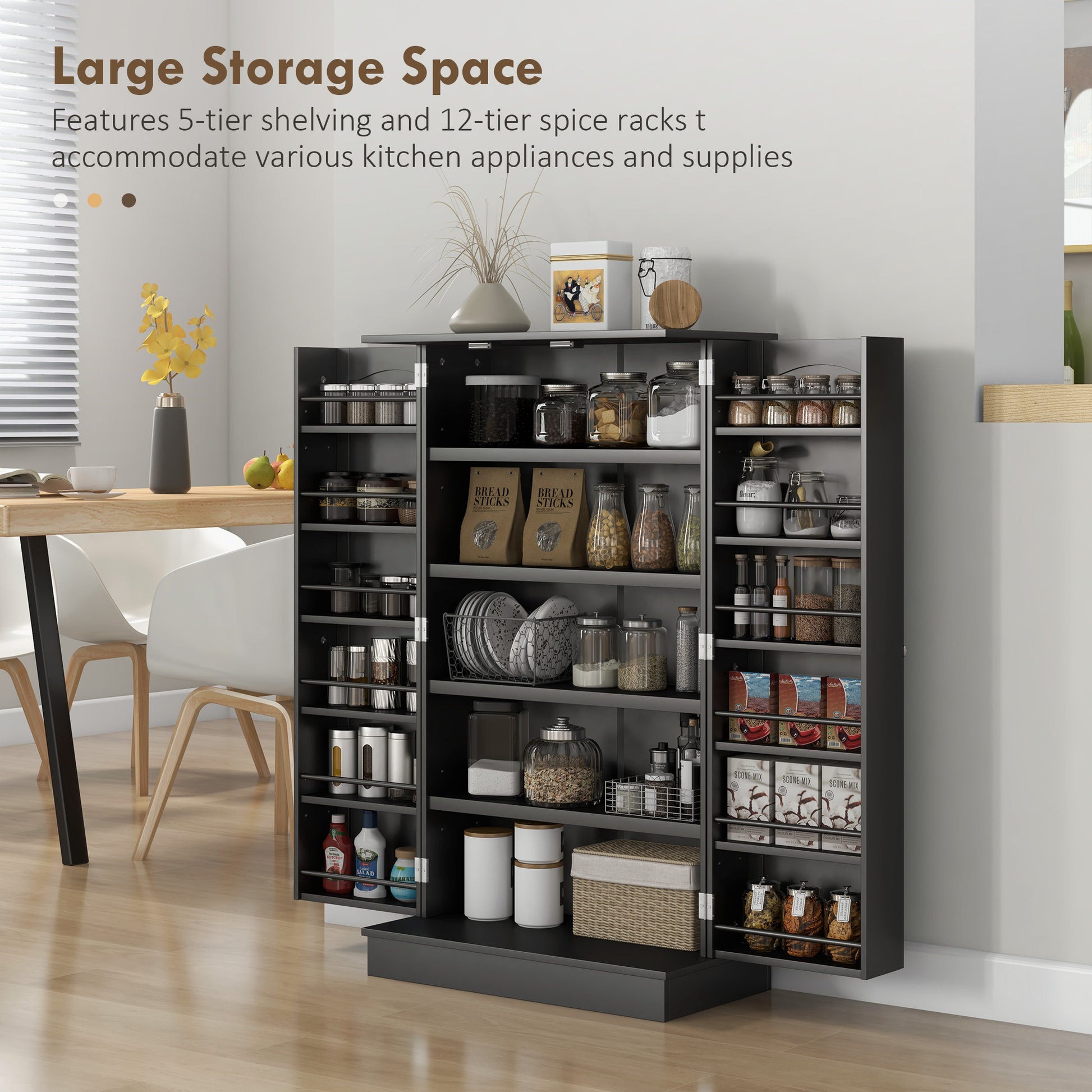 41" Kitchen Pantry Cabinet with 5-tier Shelving, 12 Spice Racks, Anti-Tipping, 2-Door Storage Cabinet with 3-Level Adjus
