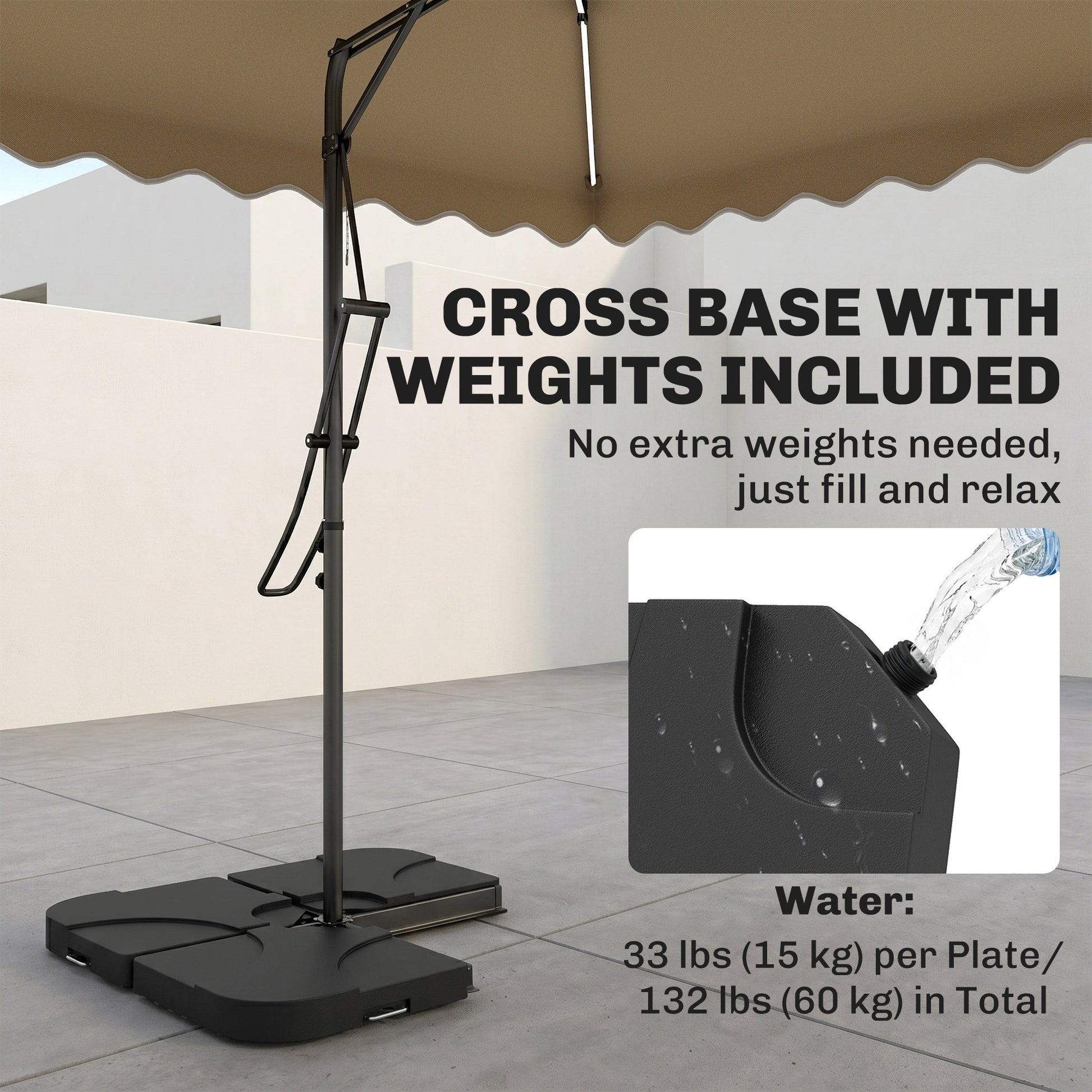 8' x 8' Square Double Top Offset Patio Umbrella Garden Parasol with Solar LED Lights, Ruffles and Weights, Khaki