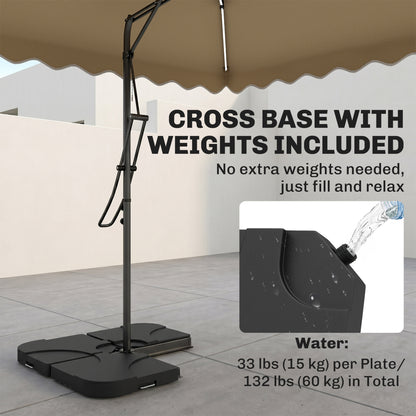 8' x 8' Square Double Top Offset Patio Umbrella Garden Parasol with Solar LED Lights, Ruffles and Weights, Khaki