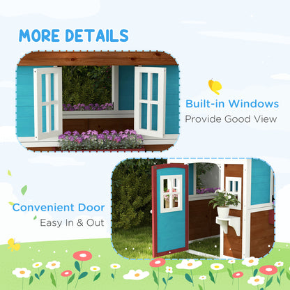 Wooden Playhouse for Kids Outdoor with Door, Windows, Planter Pots and Boxes for Toddlers 3-8 Years, Dark Brown