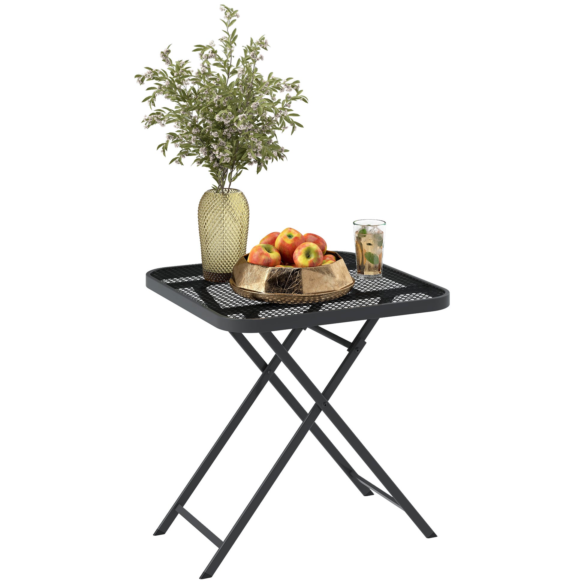 27.5" Square Outdoor Patio Table, Outdoor Folding Table with Grid Rattan-Like Top for Camping, Picnic, Black