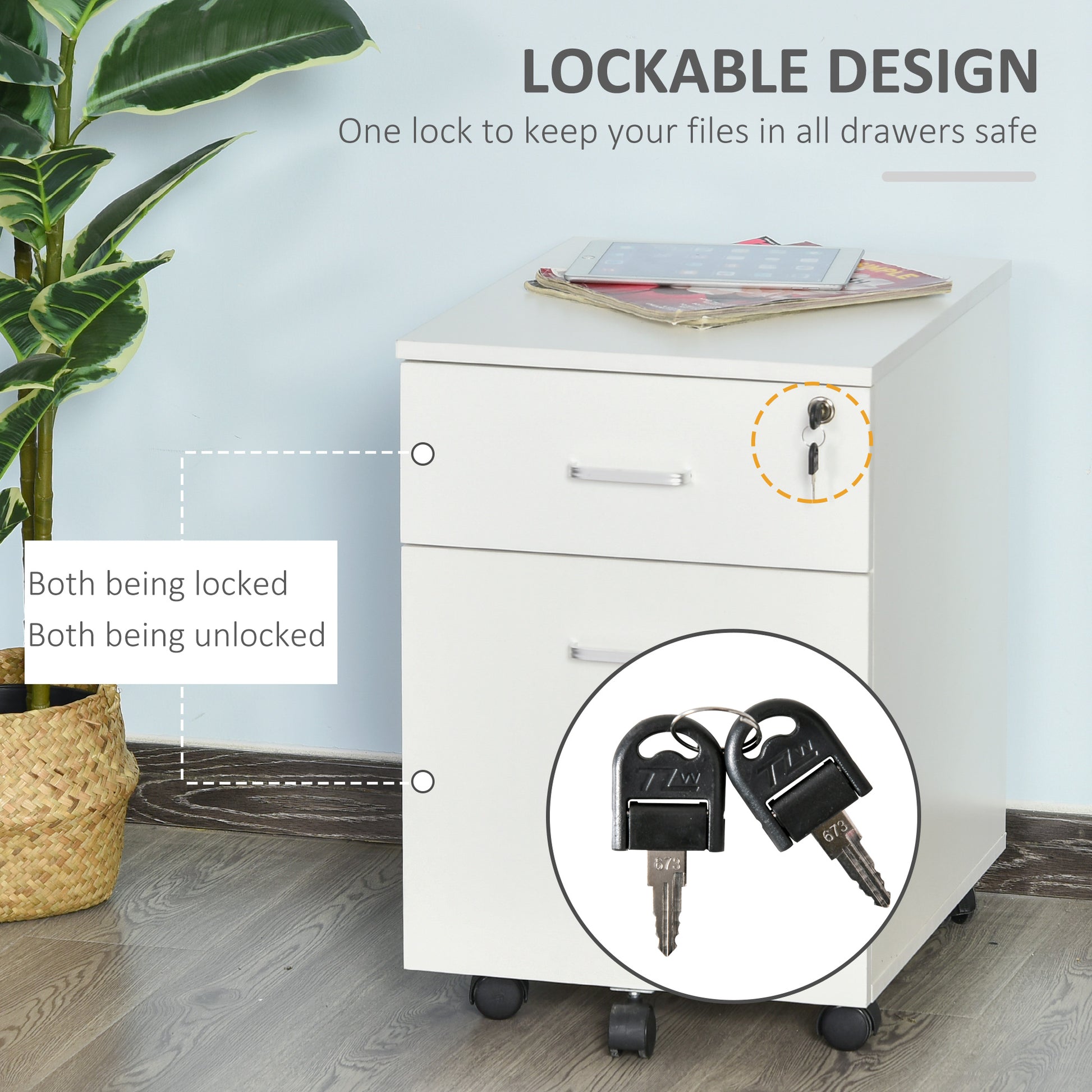 2 Drawer File Cabinet with Lock and Keys, Mobile Vertical Filing Cabinet with Wheels and Drawers, Home Office Cabinet, W