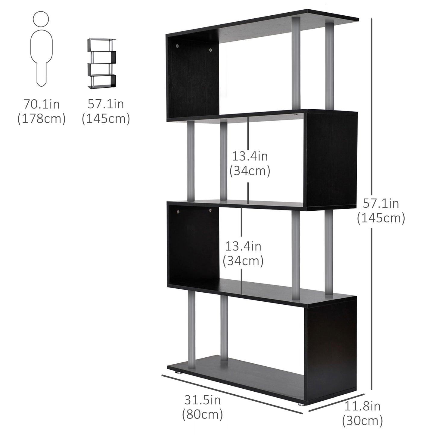 5-Tiers Geometric Wooden Bookcase S-Shaped Storage Bookshelf Display with Metal Frame for Living Room, Bedroom, Home Off