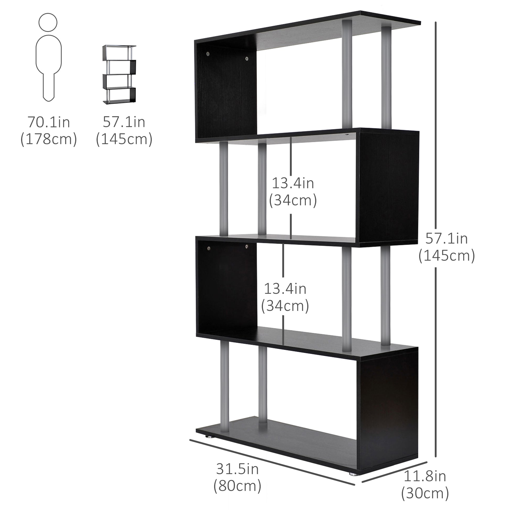 5-Tiers Geometric Wooden Bookcase S-Shaped Storage Bookshelf Display with Metal Frame for Living Room, Bedroom, Home Off