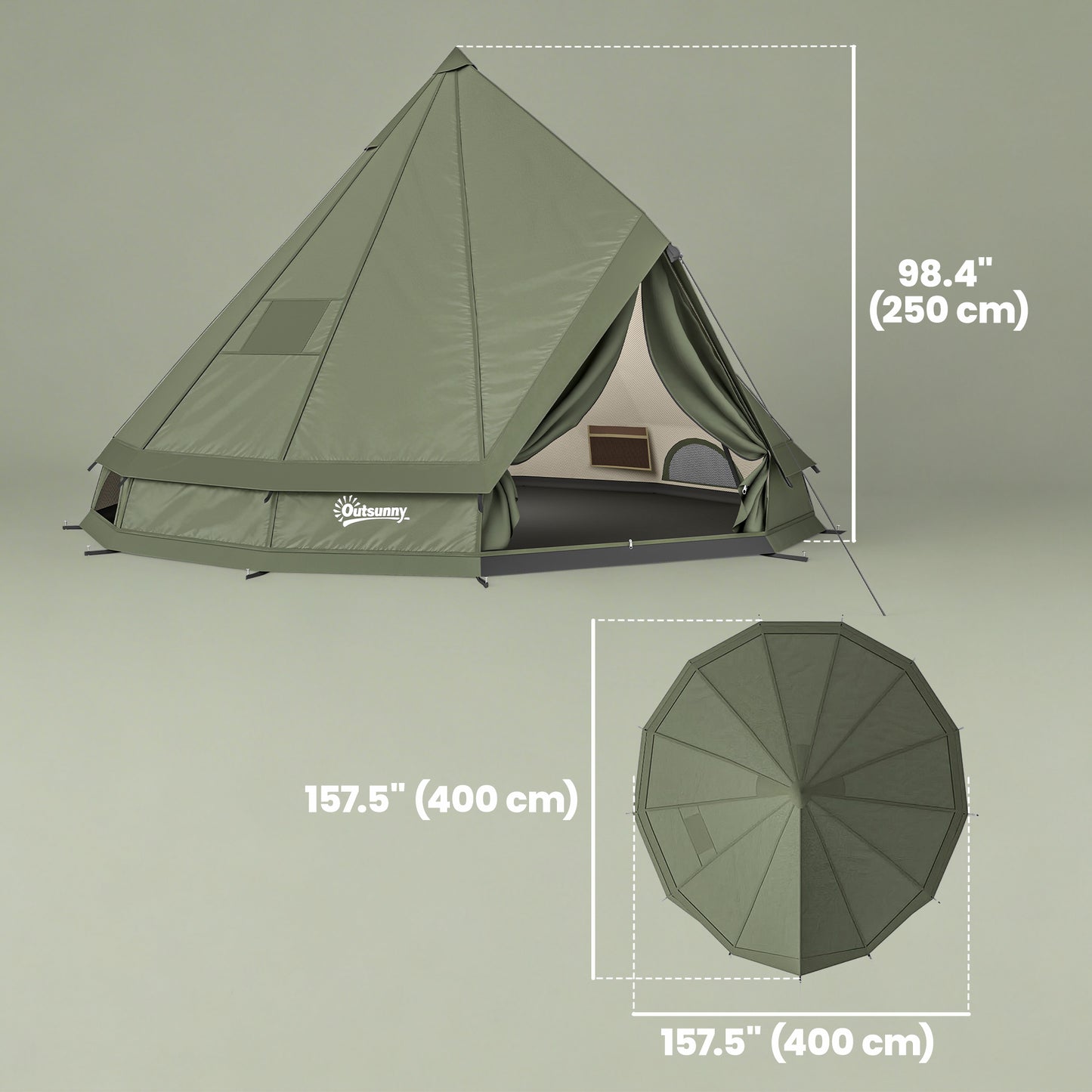 Teepee Tent Waterproof Camping Tent with Stove Jack for 4-6 Person Outdoor Camping Hiking Army Green