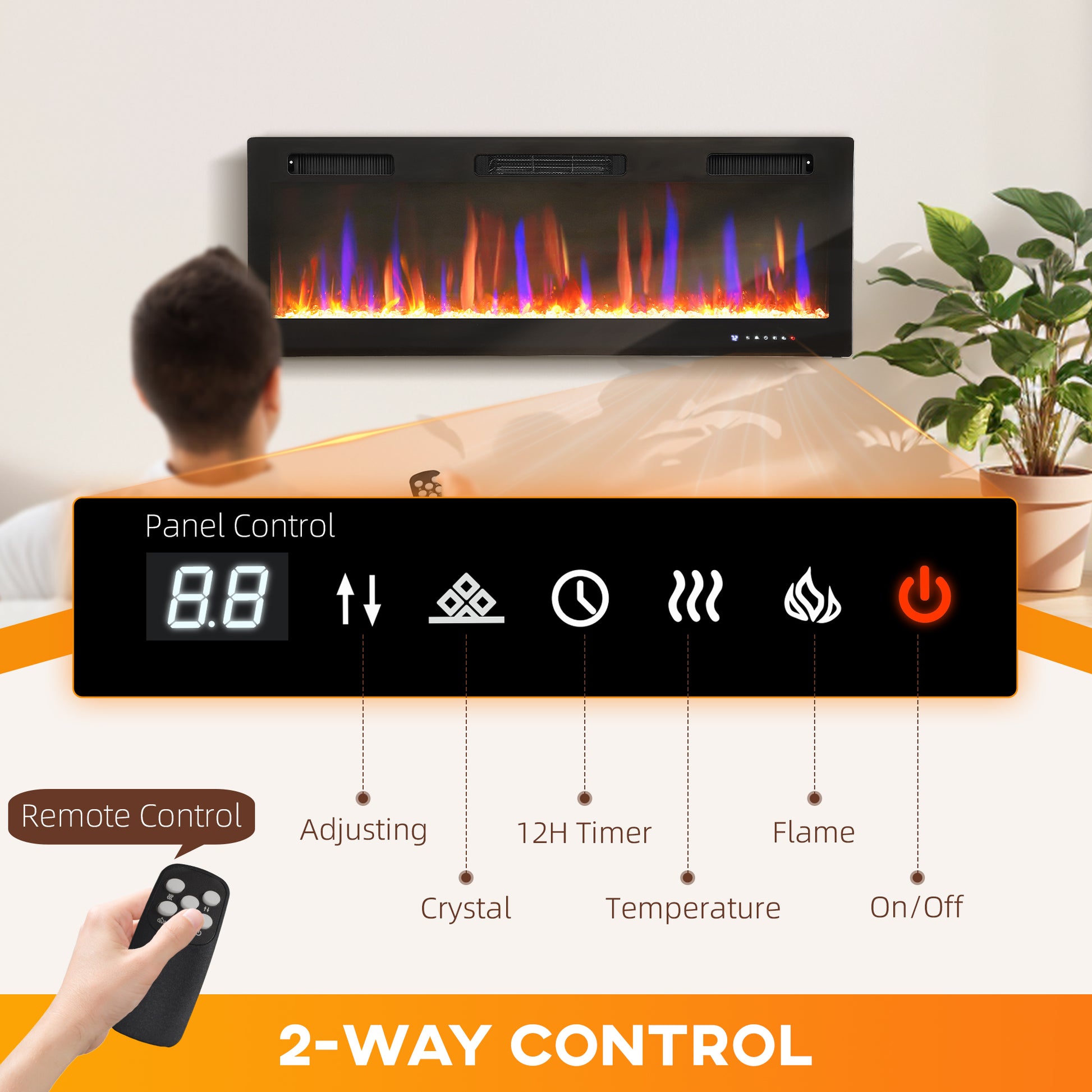 50" Thin Electric Fireplace, Freestanding, Wall Mounted Fireplace Heater with Eco Mode, Auto Switch, Remote, 1500W
